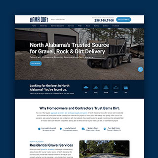 Aggregate supplier website design project for Bama Dirt North Alabama homepage preview