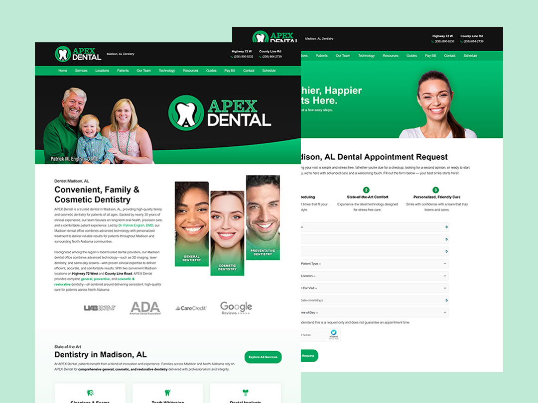 Apex Dental web design project for a Madison Alabama dental practice