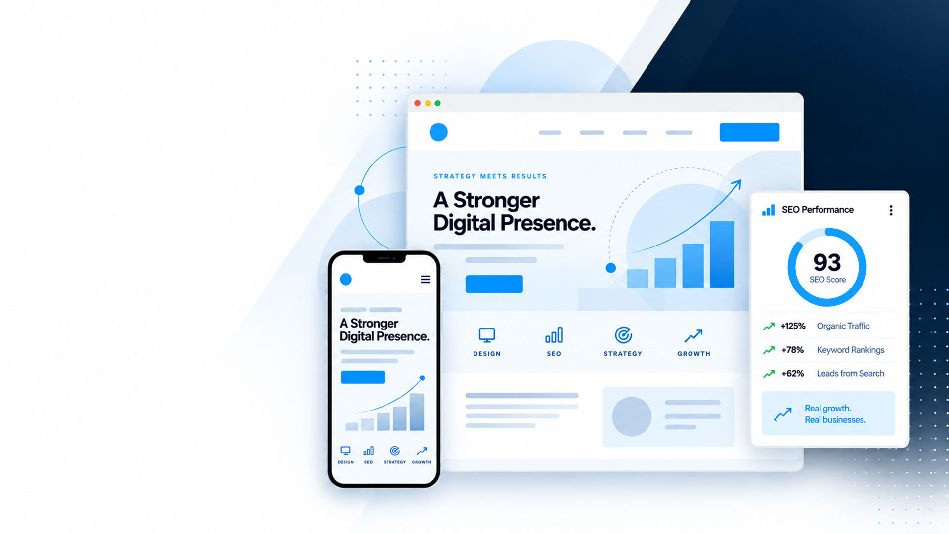 Concept illustration showing website design, SEO performance, and business growth